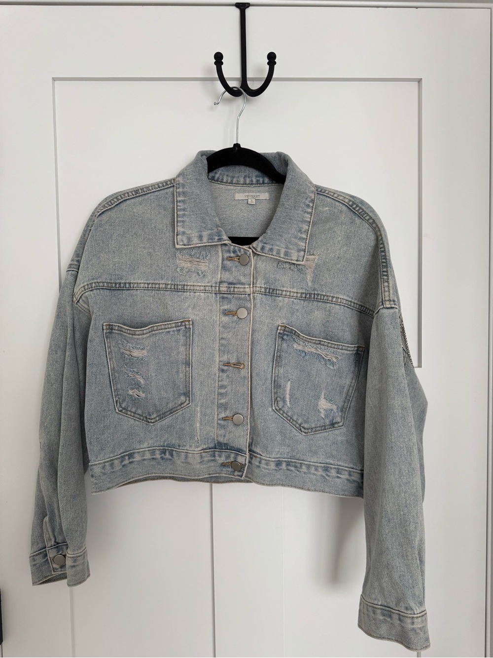 Classic Cropped Light Wash Denim Jacket - with rhinestone fringe.